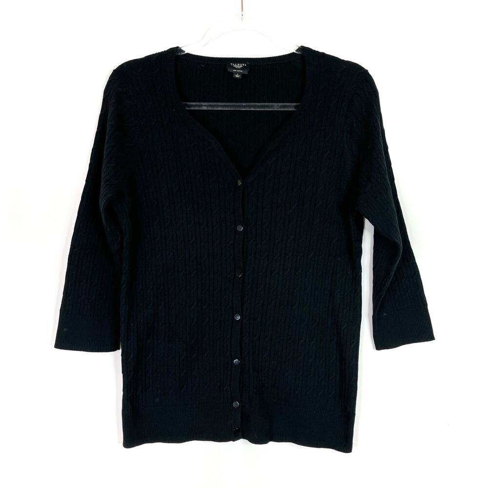 Talbots Petite Black Pima Cotton 3/4 Sleeve Cable Knit Cardigan Sweater Women LP